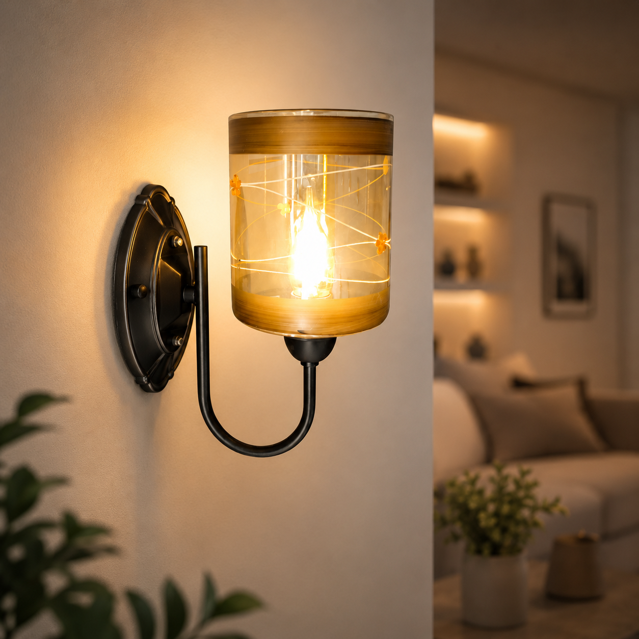 Modern Glass Wall Sconce Metal Arm Indoor Warm Light
