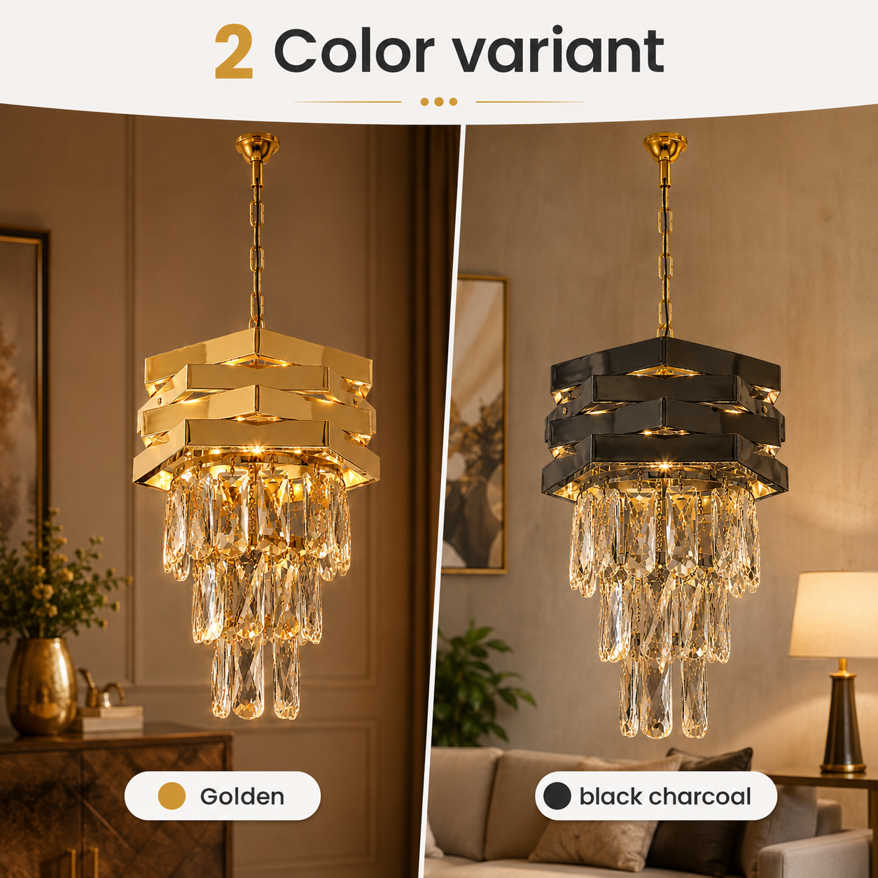 Two chandelier lights, one gold and one black charcoal, in a home setting.
