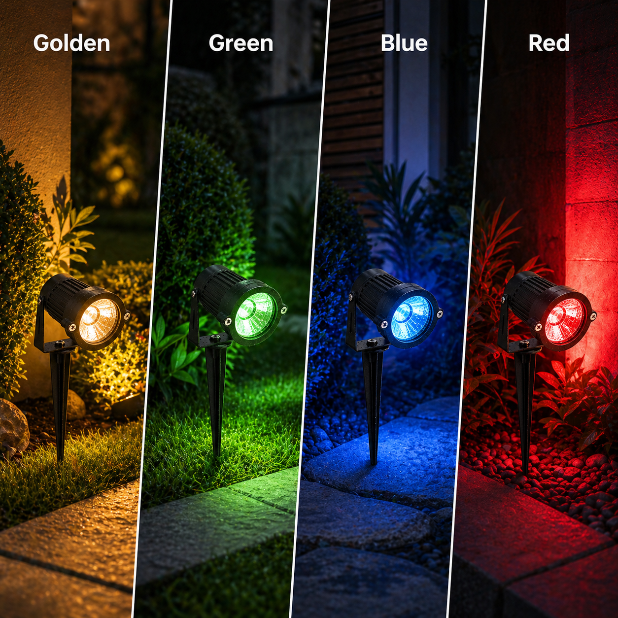 Four outdoor lights in different colors (golden, green, blue, red) illuminating a garden setting.