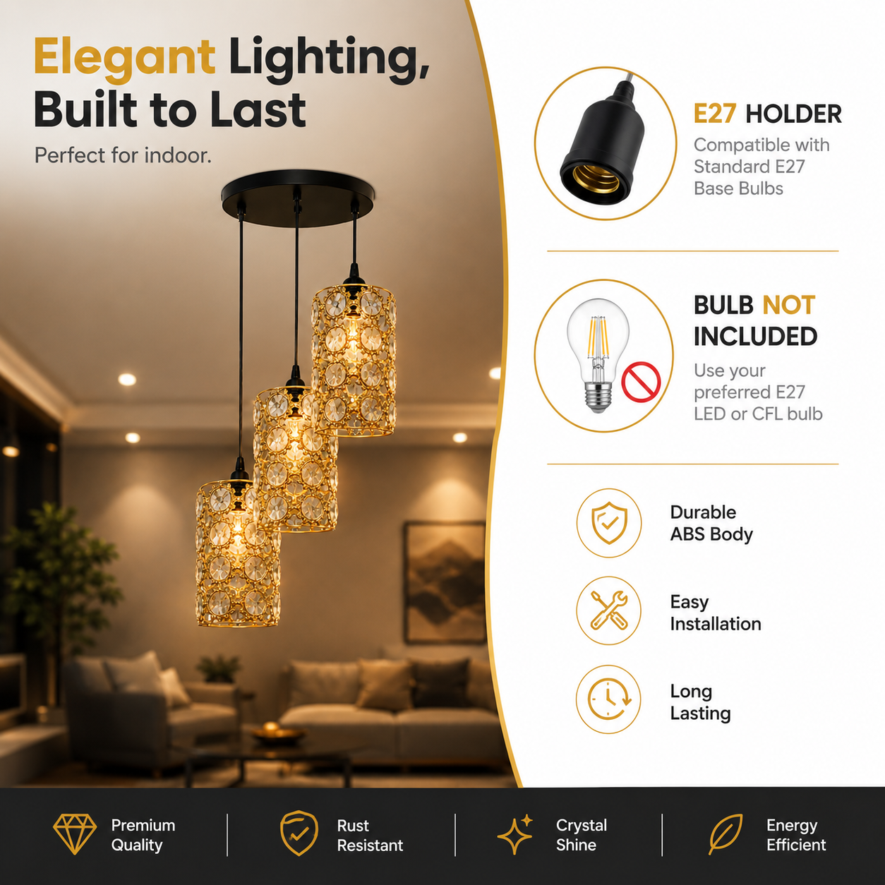 Decorative pendant lights with product details on a white background