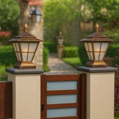 “Vintage bronze outdoor pillar light with frosted glass and warm LED glow