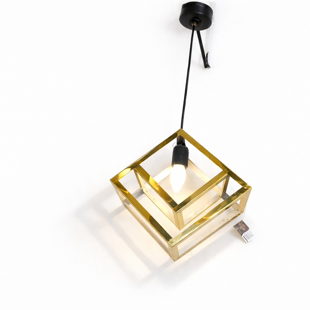 Gold cube pendant light hanging with metal frame and glass