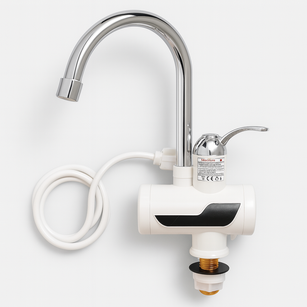 Wall-mounted electric water heater with flexible hose on a white background