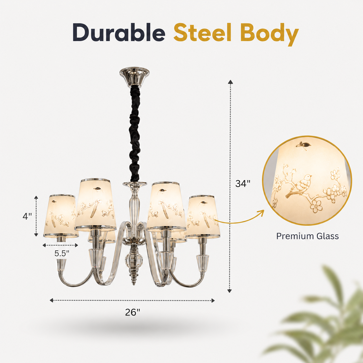 Chandelier with dimensions and material details on a white background