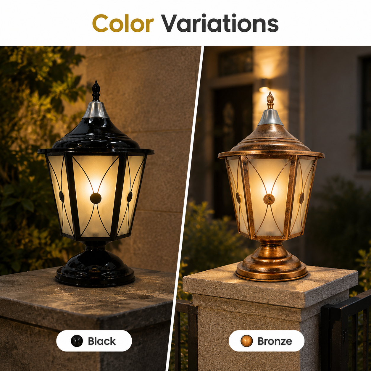 Two outdoor lamps, one black and one bronze, on stone plinths with 'Color Variations' text above.