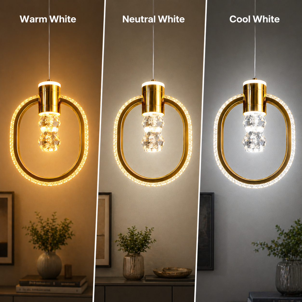 Three pendant lights showing Warm White, Neutral White, and Cool White light effects in a room setting.
