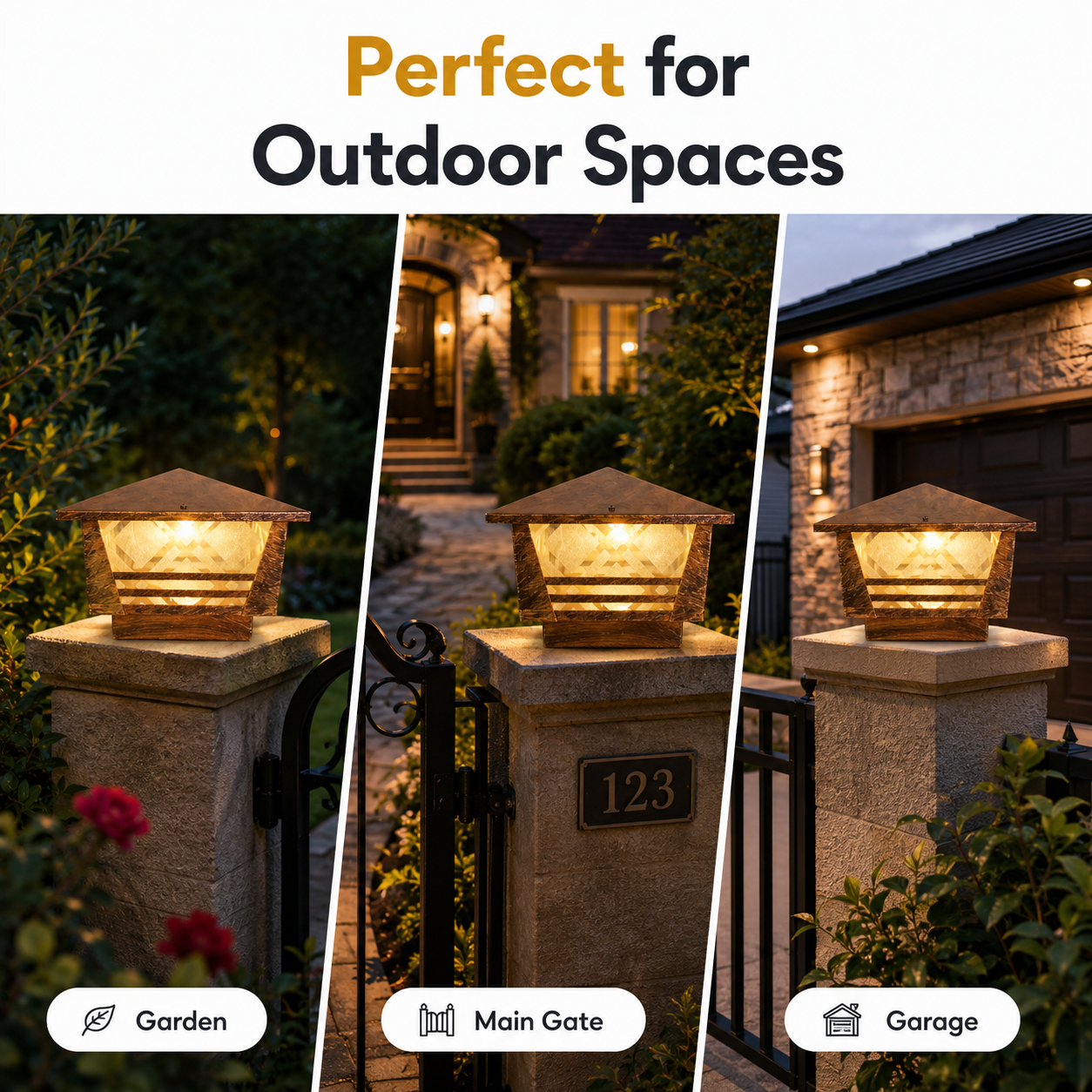 Outdoor lighting fixtures used in garden, main gate, and garage settings with text 'Perfect for Outdoor Spaces'.
