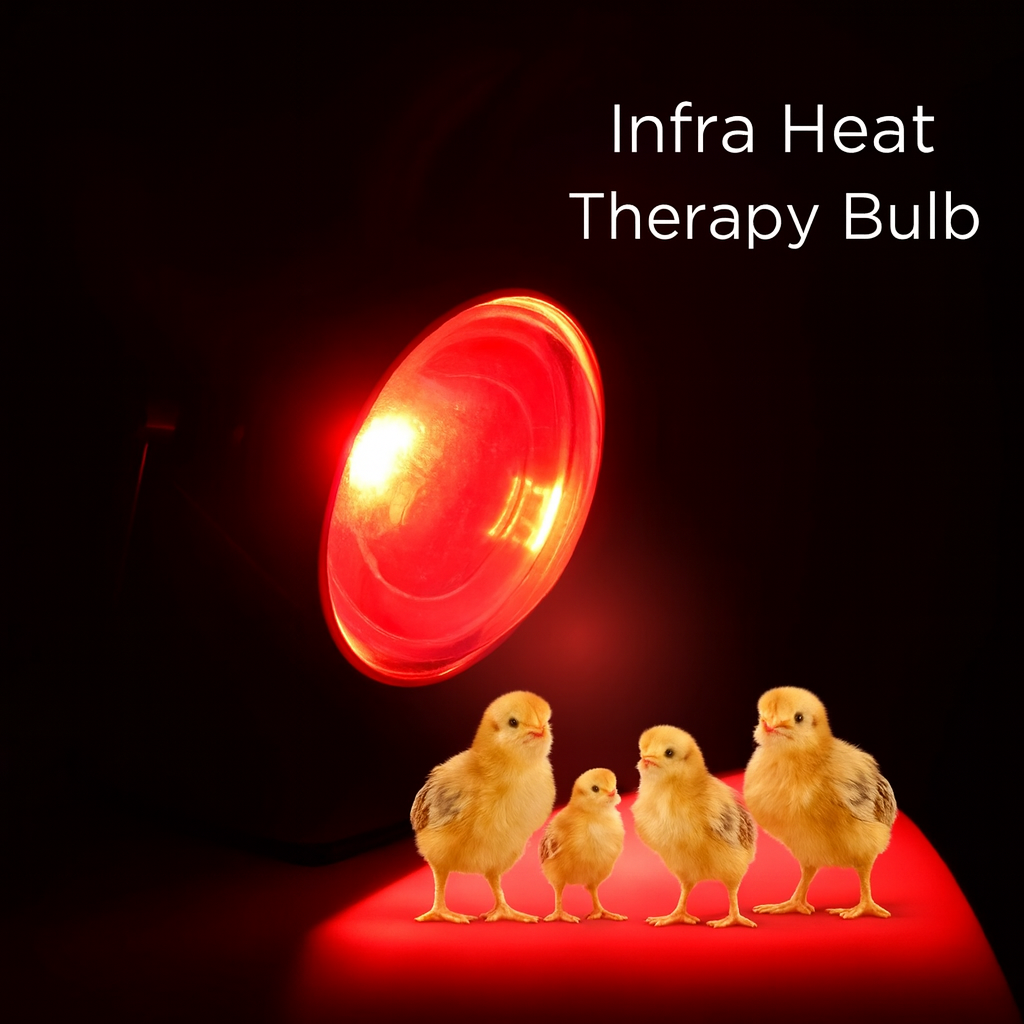 Red infra heat therapy bulb with chicks on a dark background