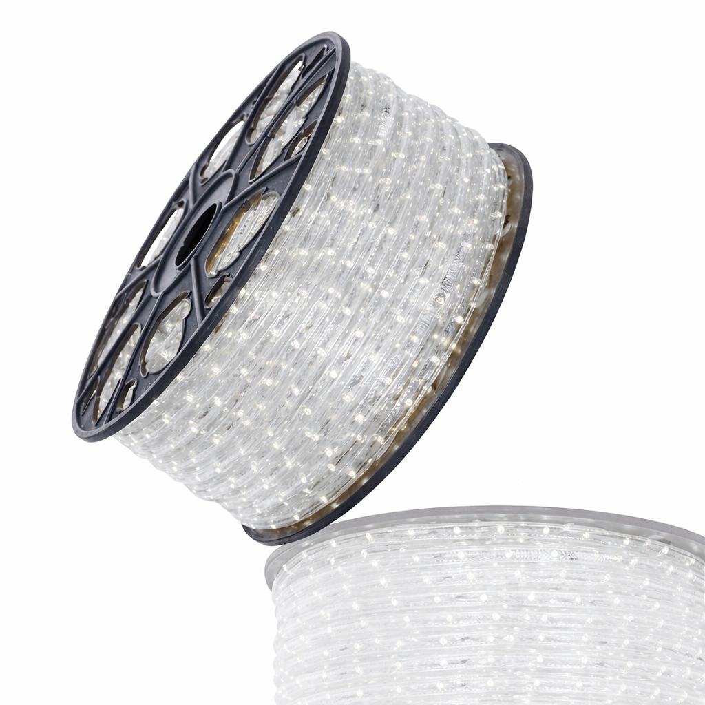 Spool of LED rope lights on a white background