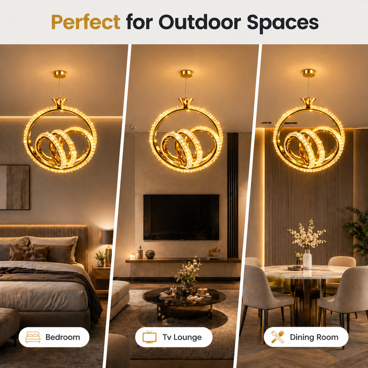 Decorative ceiling light fixture shown in a bedroom, TV lounge, and dining room setting.