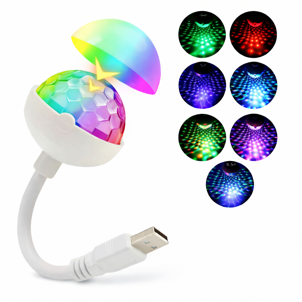 USB mini car disco light projecting colorful RGB patterns
