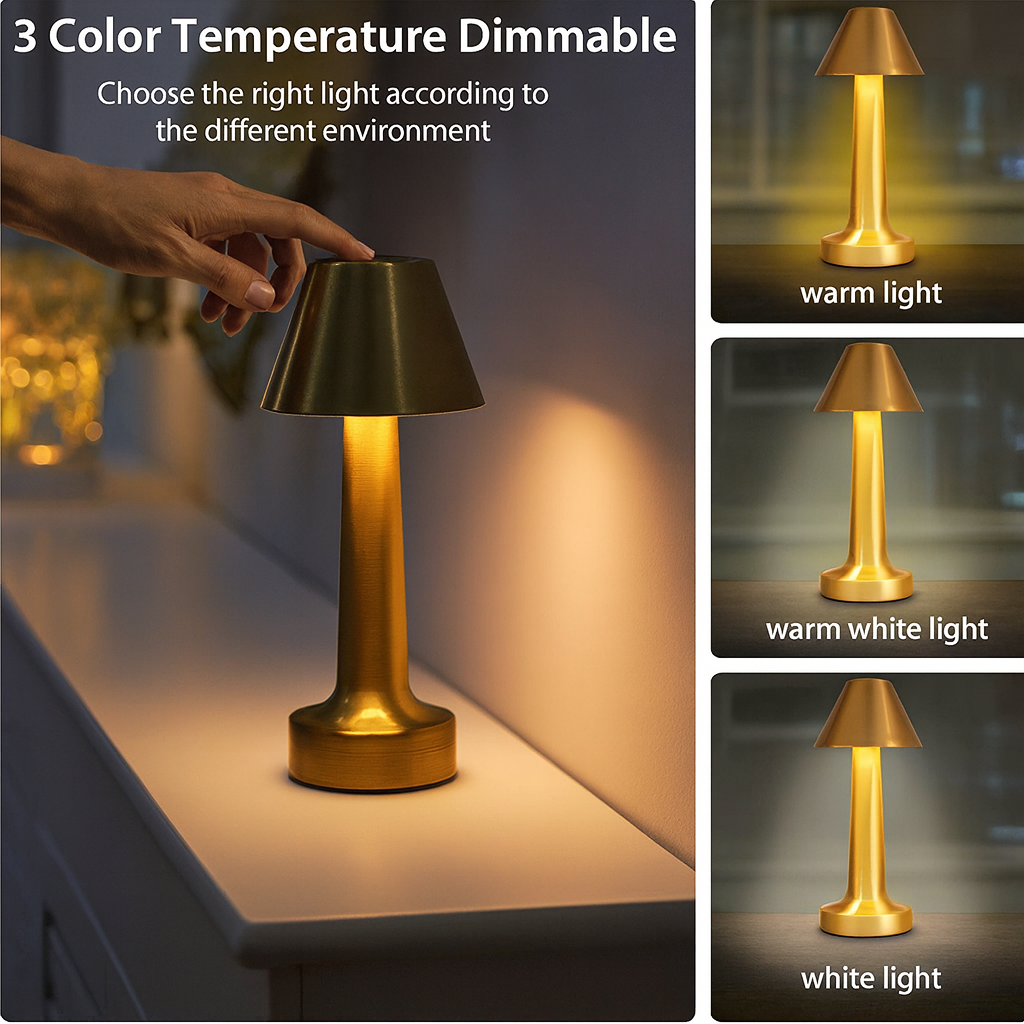 Gold dimmable LED table lamp showing three color temperature lighting modes
