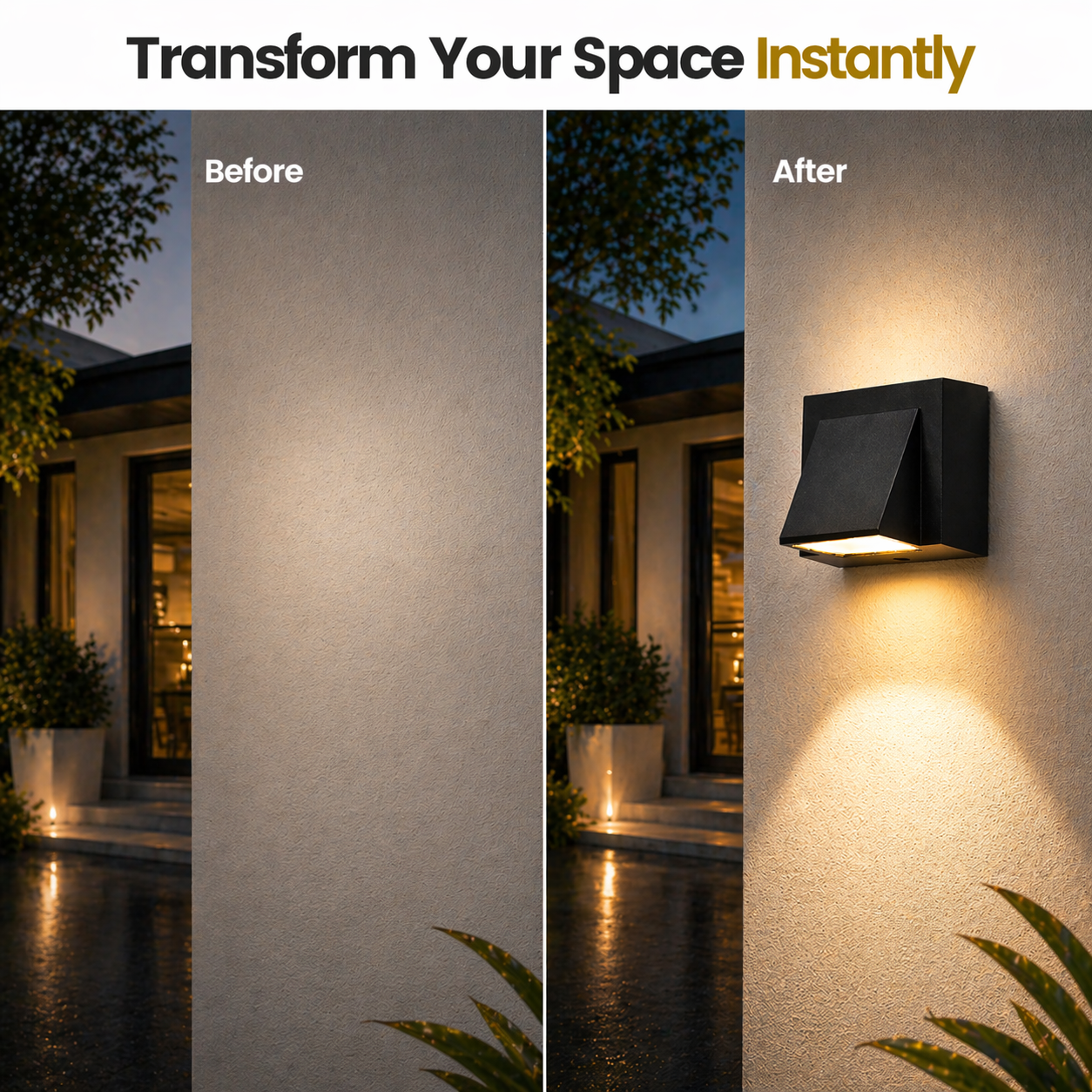 Before and after comparison of a house exterior with a new wall light fixture.