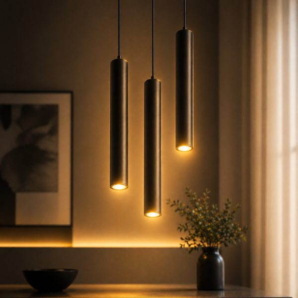 Three pendant lights hanging in a room with a vase and plant on a table.