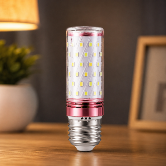 LED light bulb on a wooden surface with a blurred background