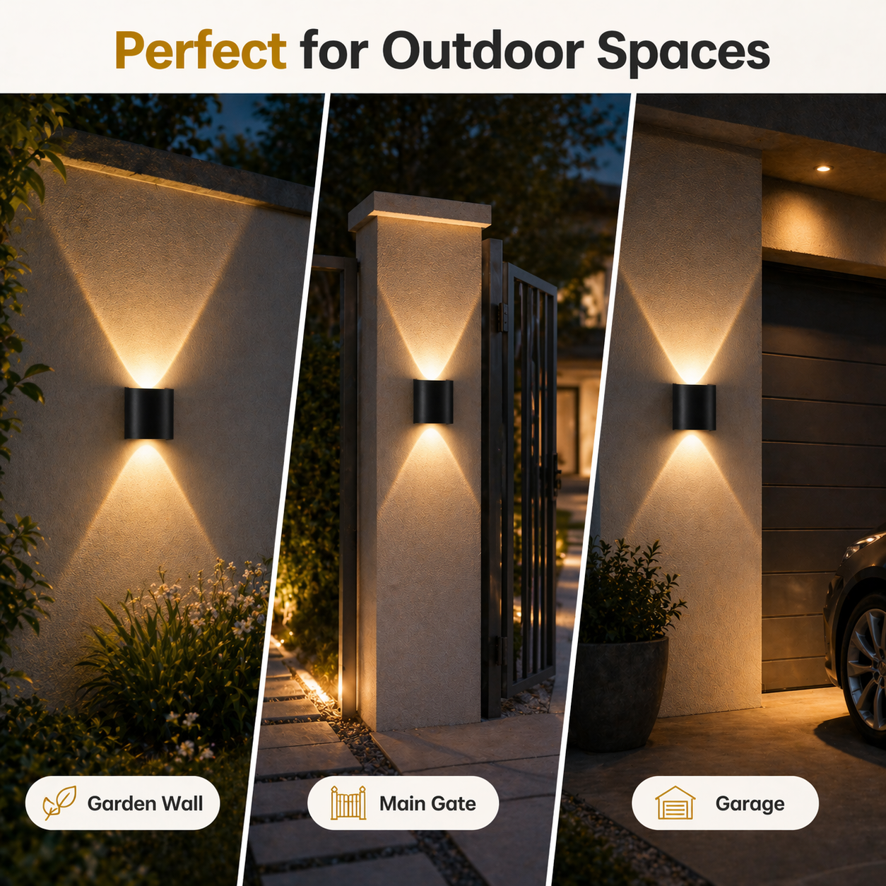 Outdoor wall lights shown in garden, main gate, and garage settings with text 'Perfect for Outdoor Spaces'.