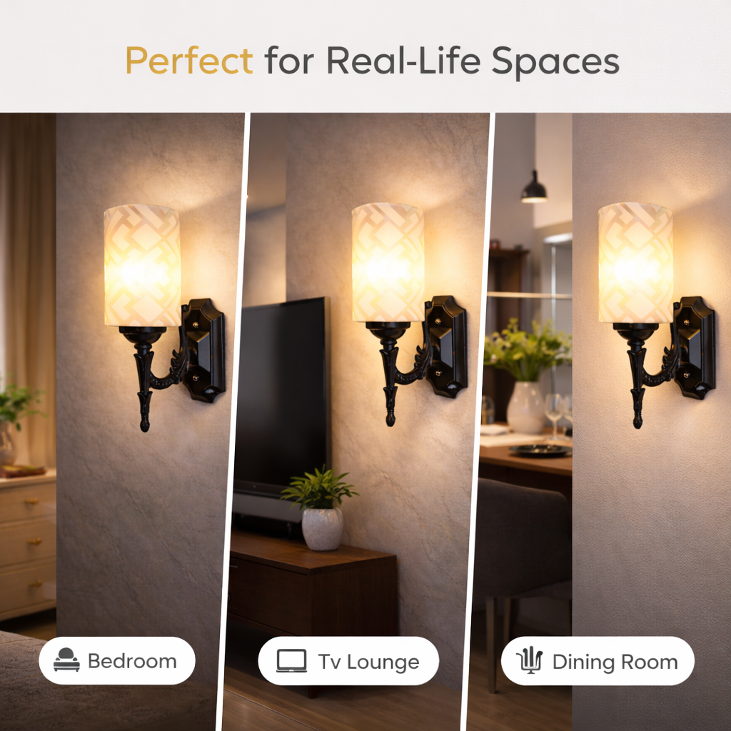 Wall mounted black sconce light in bedroom interior setting