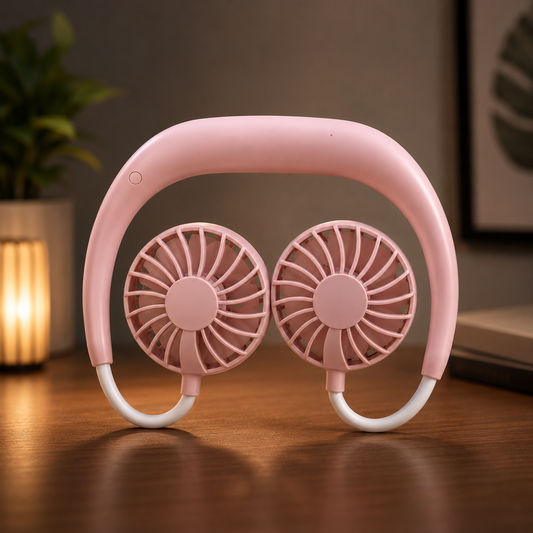 Pink portable fan on a wooden surface with a blurred background
