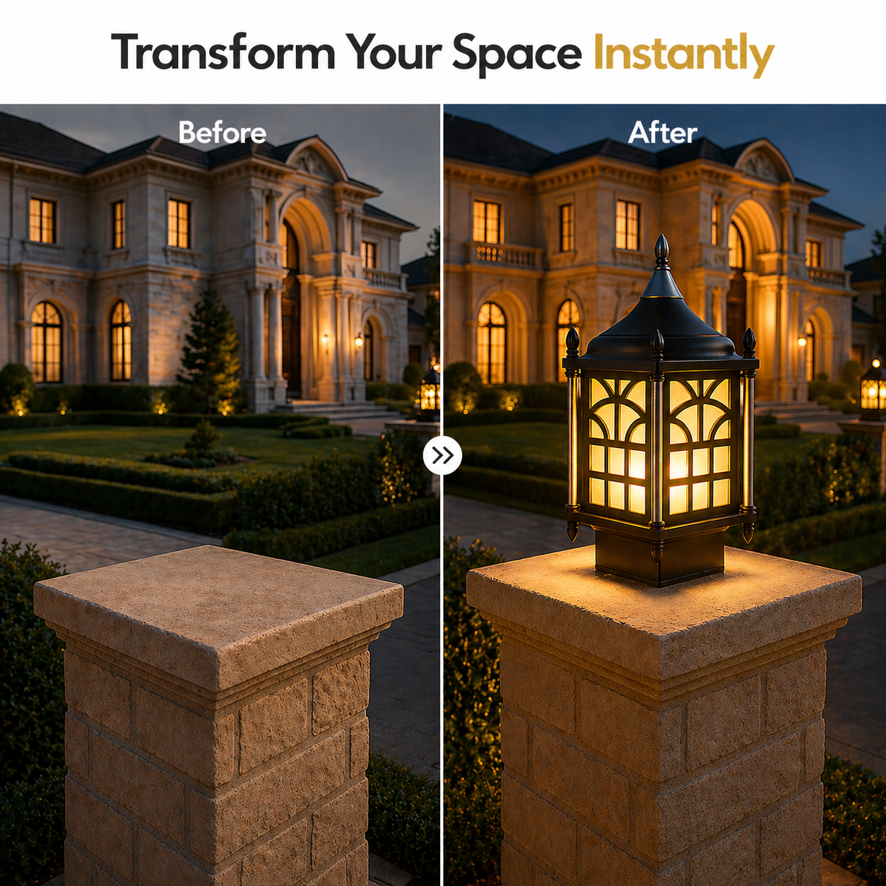 Before and after comparison of a house exterior with a lit lamp post.