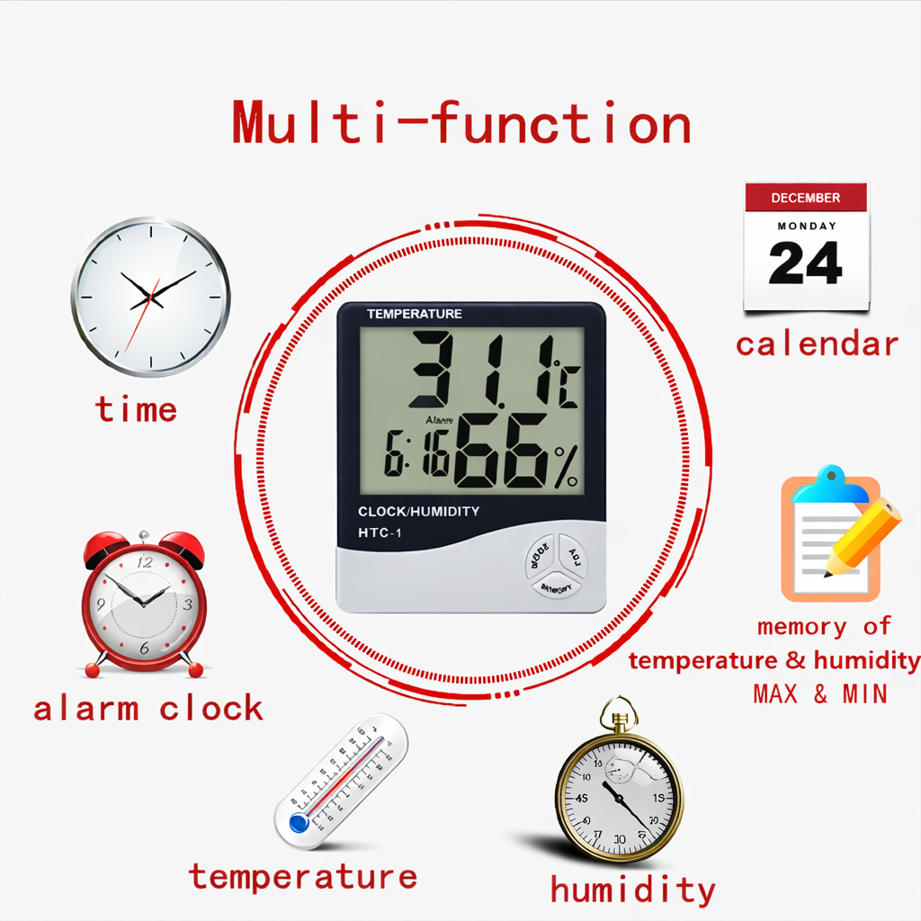 Multifunctional digital thermometer with clock, alarm, and calendar on a white background