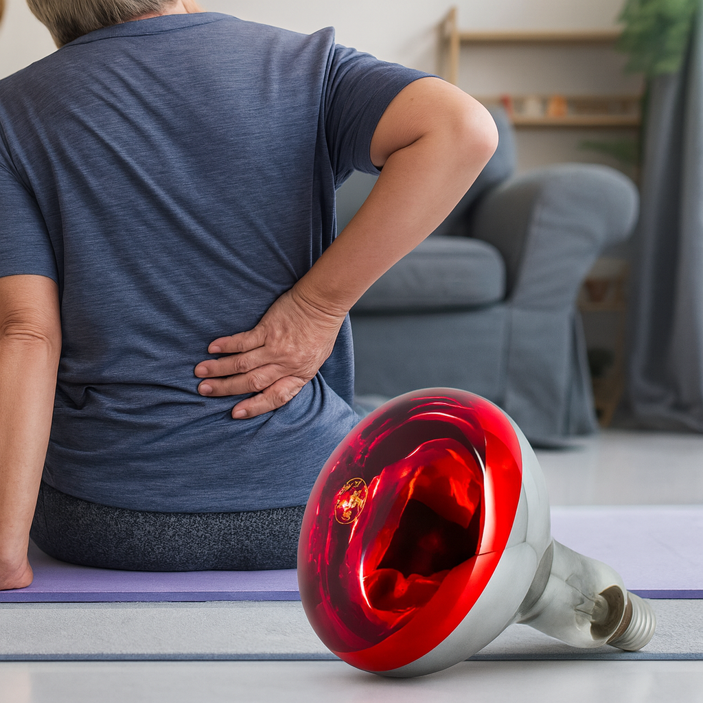 Person with back pain using a red light therapy device on a mat.