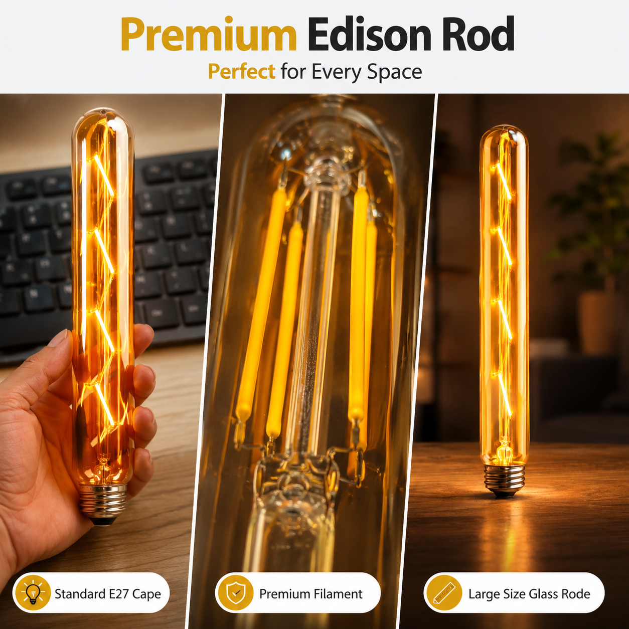 Premium Edison Rod light bulb with close-up and usage scenarios on a desk.