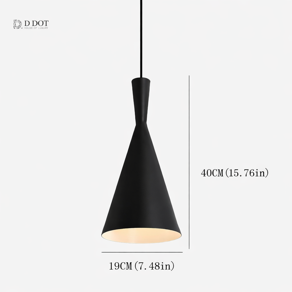 Black pendant light with dimensions on a white background