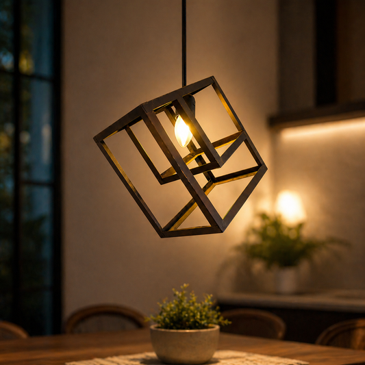 Modern pendant light fixture hanging above a table with a blurred indoor background