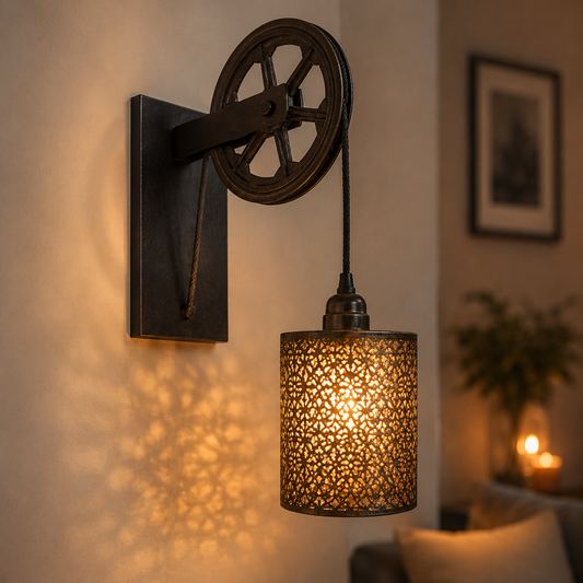 Industrial Pulley Wall Lamp Metal Lantern Warm Glow