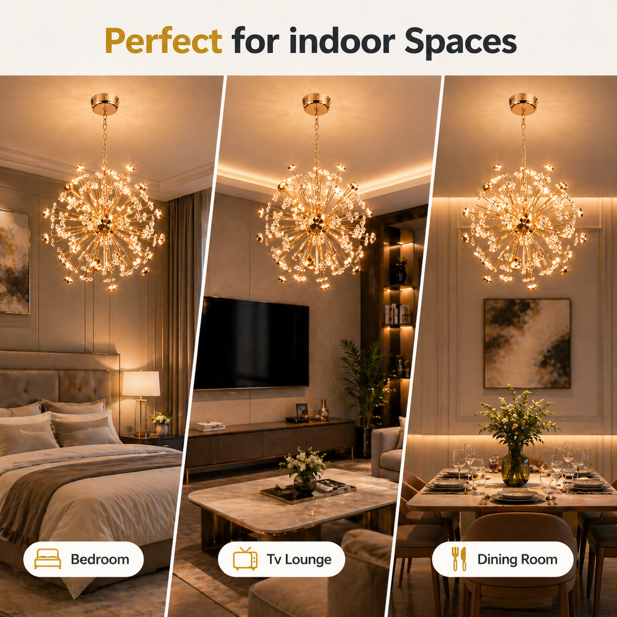 Chandelier in a bedroom, TV lounge, and dining room with text 'Perfect for indoor spaces'.