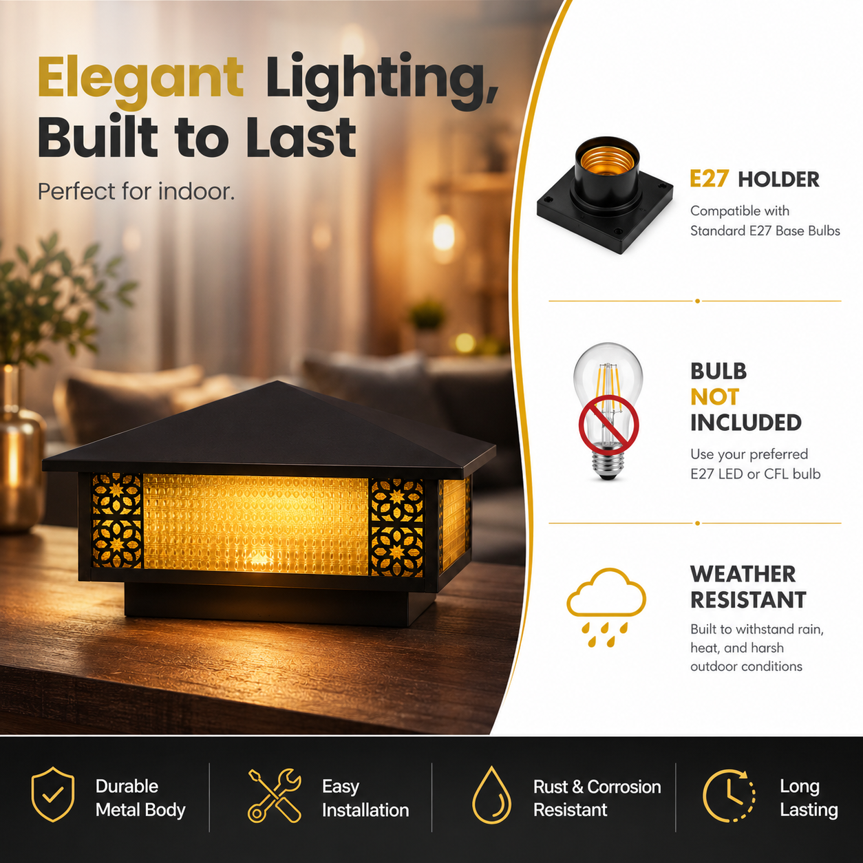 Decorative outdoor light fixture with text highlighting features on a blurred indoor background