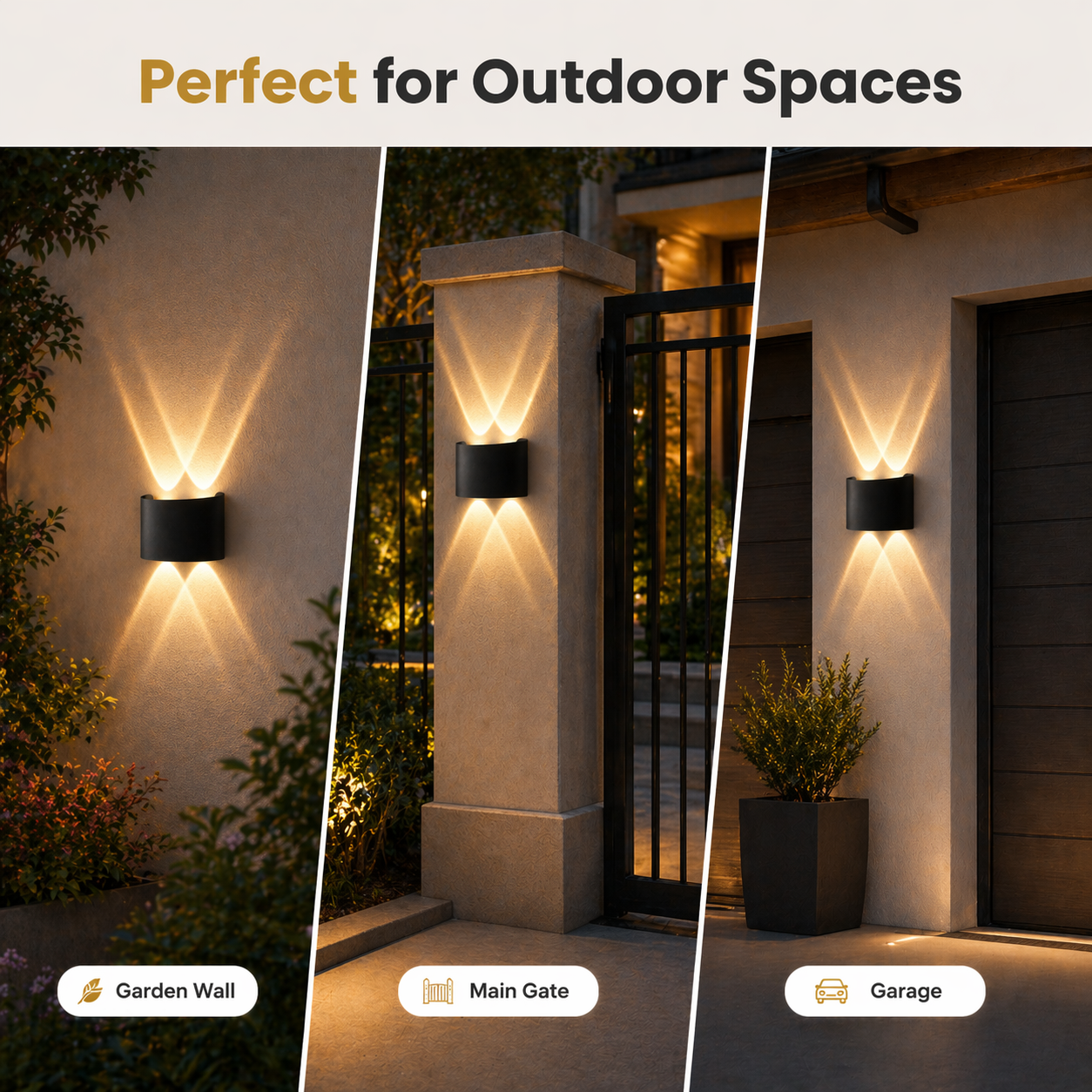 Outdoor wall lights shown in garden, main gate, and garage settings with text 'Perfect for Outdoor Spaces'.