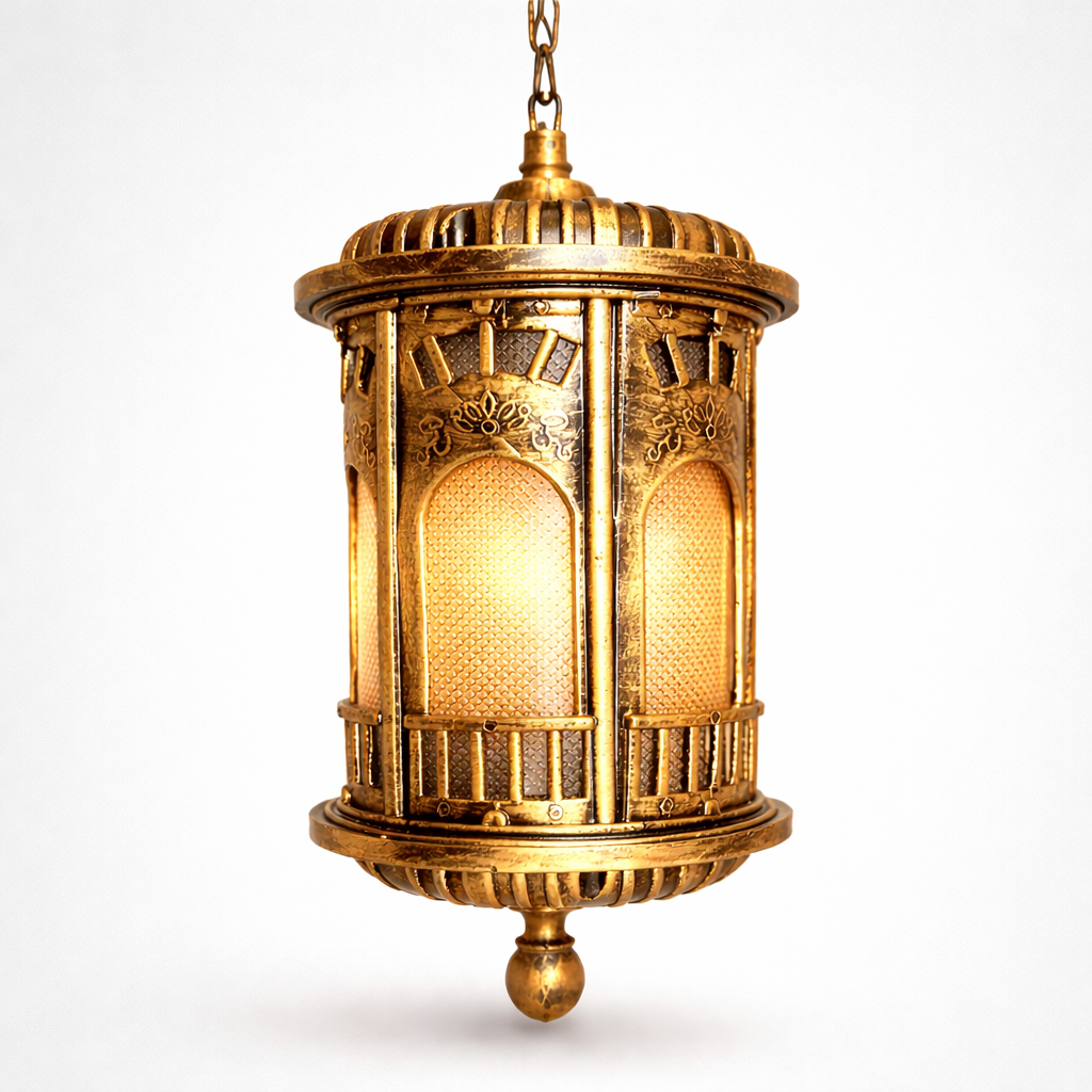 Antique brass hanging lantern with warm golden glow.