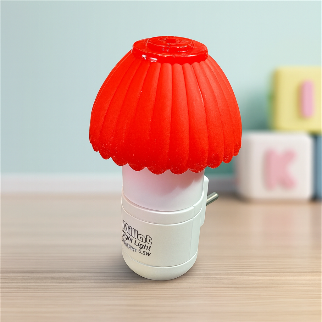 Red mushroom-shaped light on a wooden surface with a blurred background