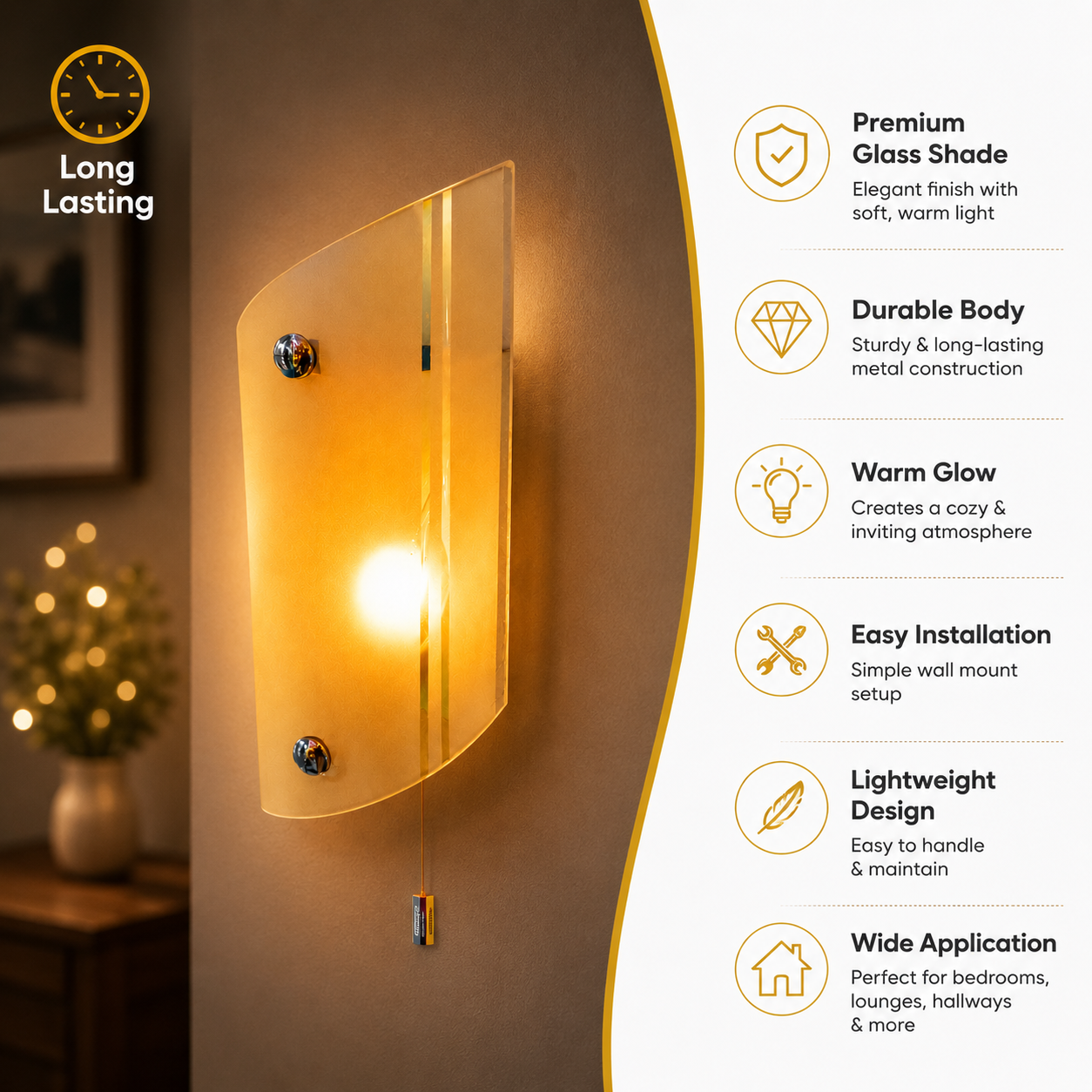 Wall-mounted light fixture with warm glow and feature list on the right