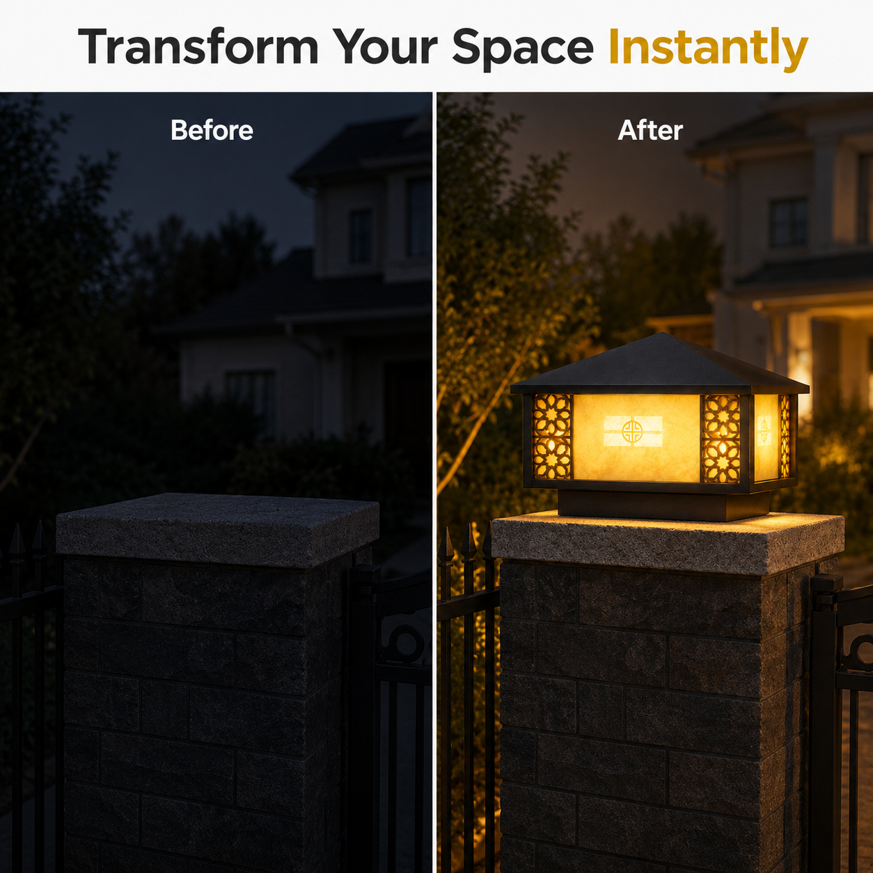 Before and after comparison of a garden light fixture on a stone post.