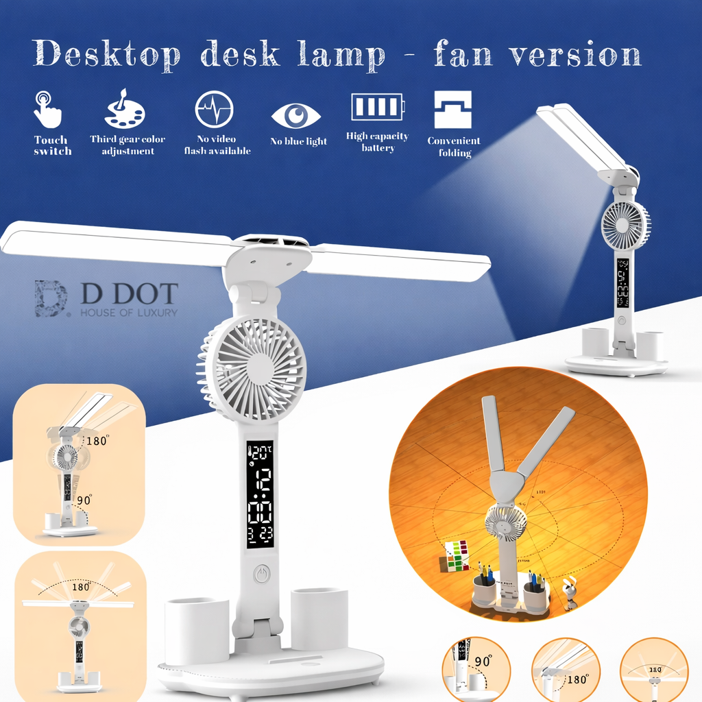 Desktop desk lamp with fan feature on a blue and white background