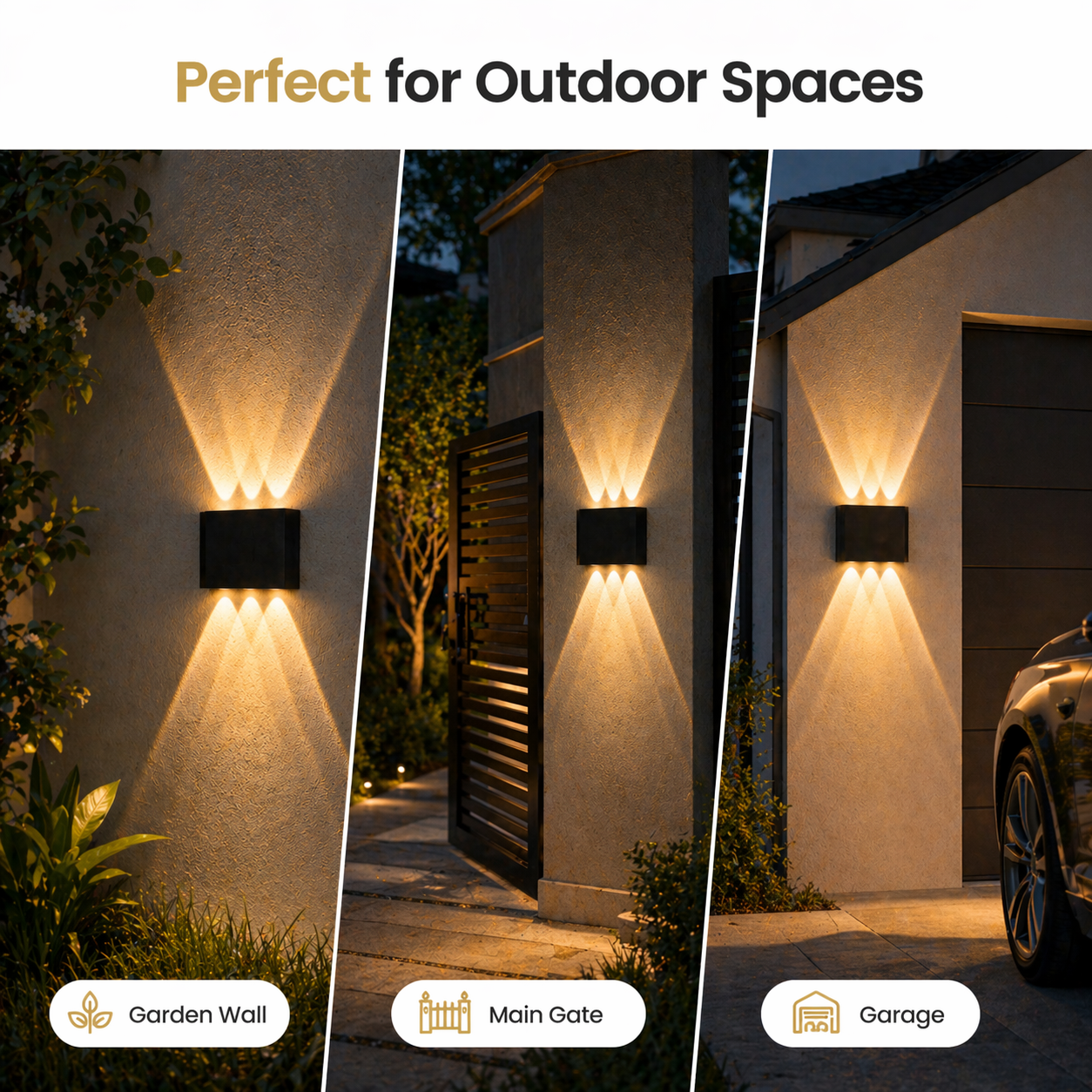 Outdoor wall lights shown in garden, main gate, and garage settings with text 'Perfect for Outdoor Spaces'.