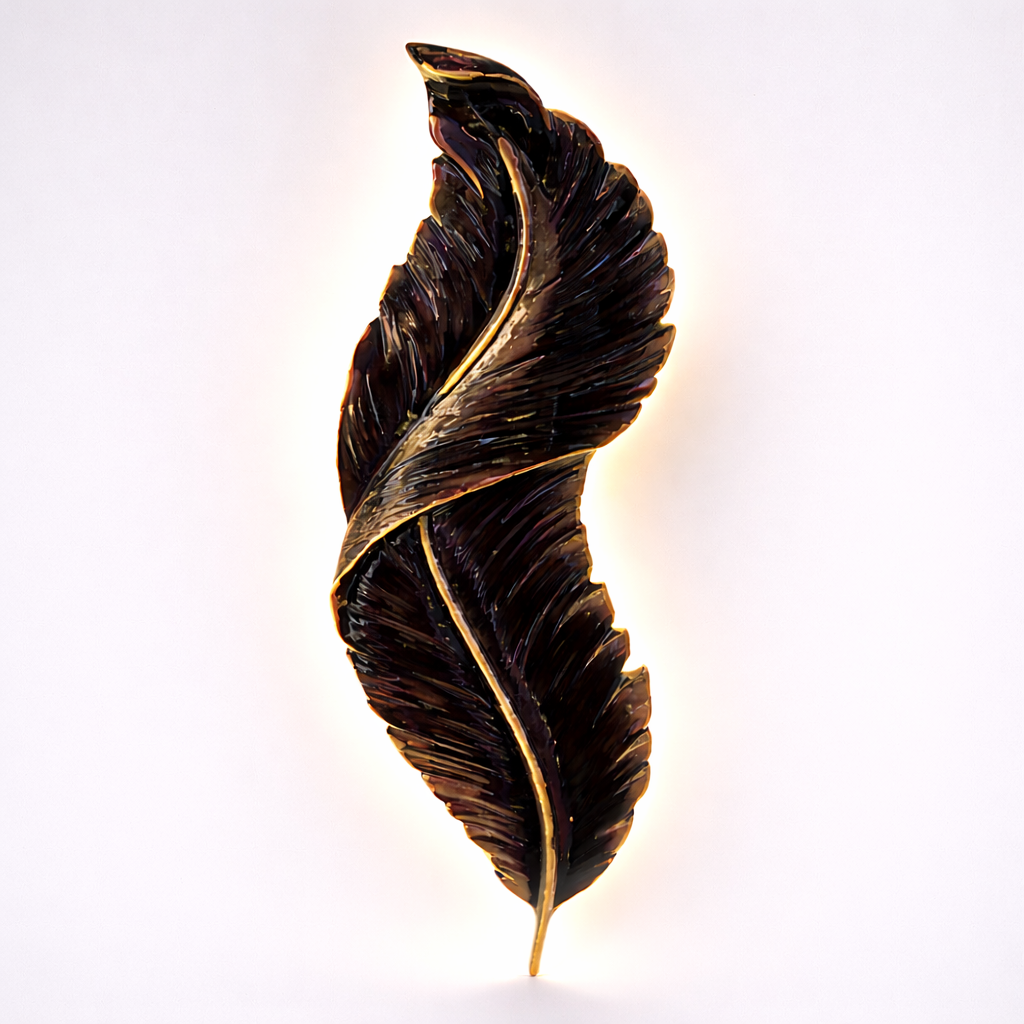 Gold accent feather-inspired wall lighting fixture