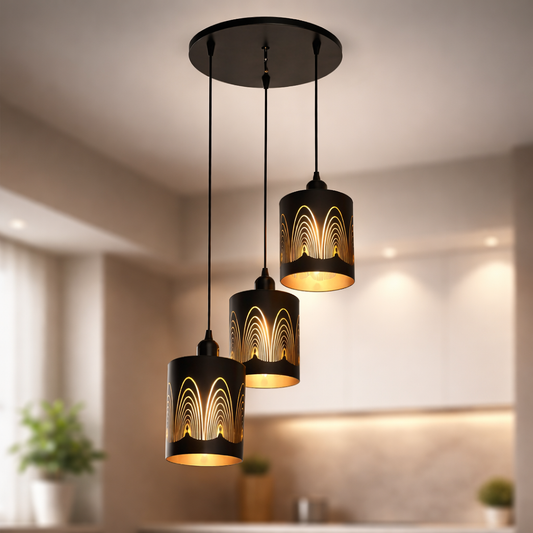 Modern pendant lights hanging in a room with neutral decor