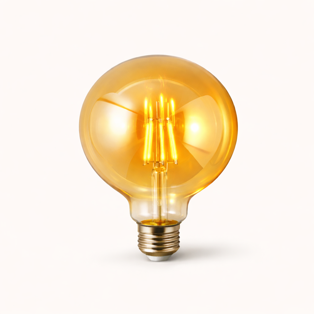 “Amber LED filament bulb glass globe with warm golden glow”