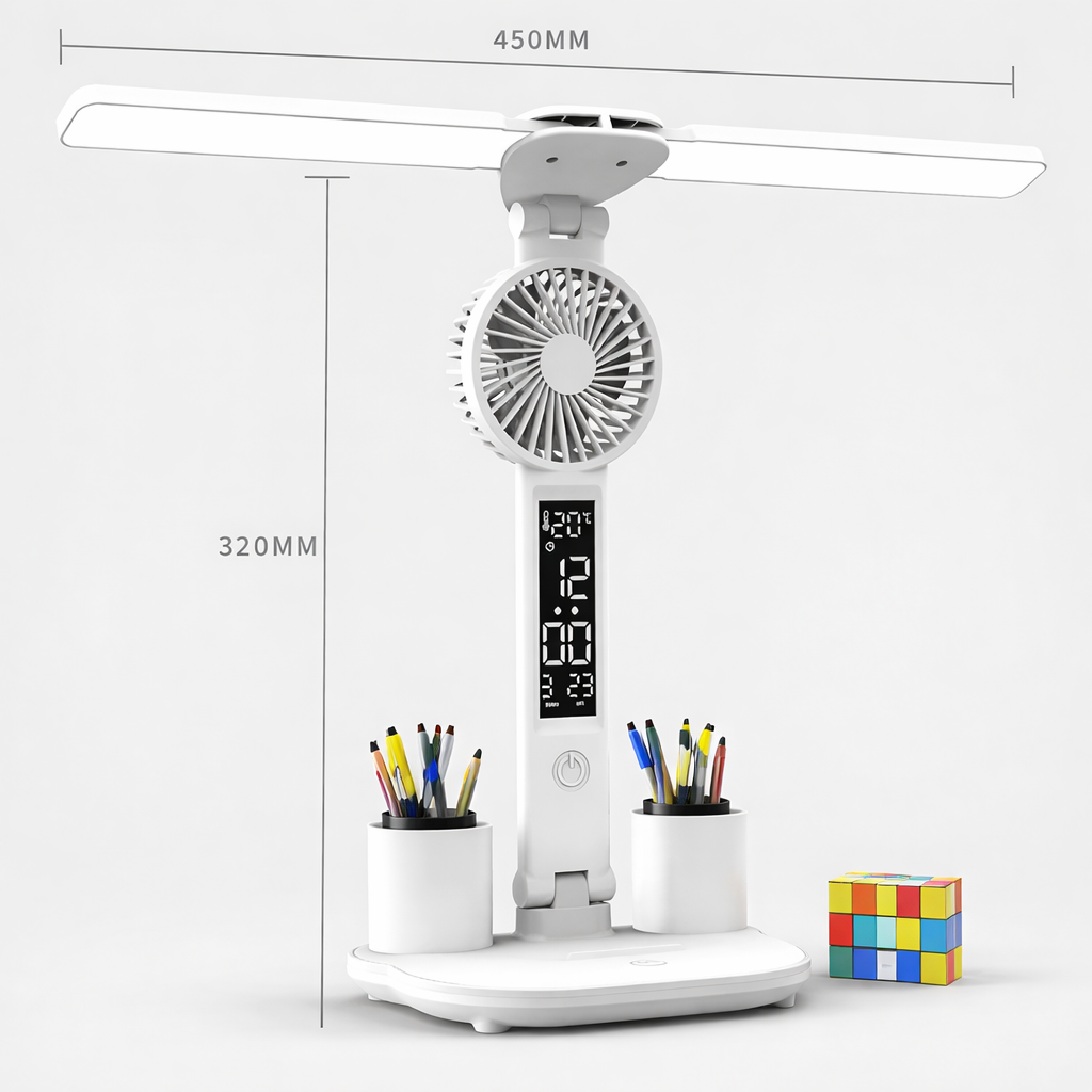 White desk lamp with fan, clock, and pen holders on a white background