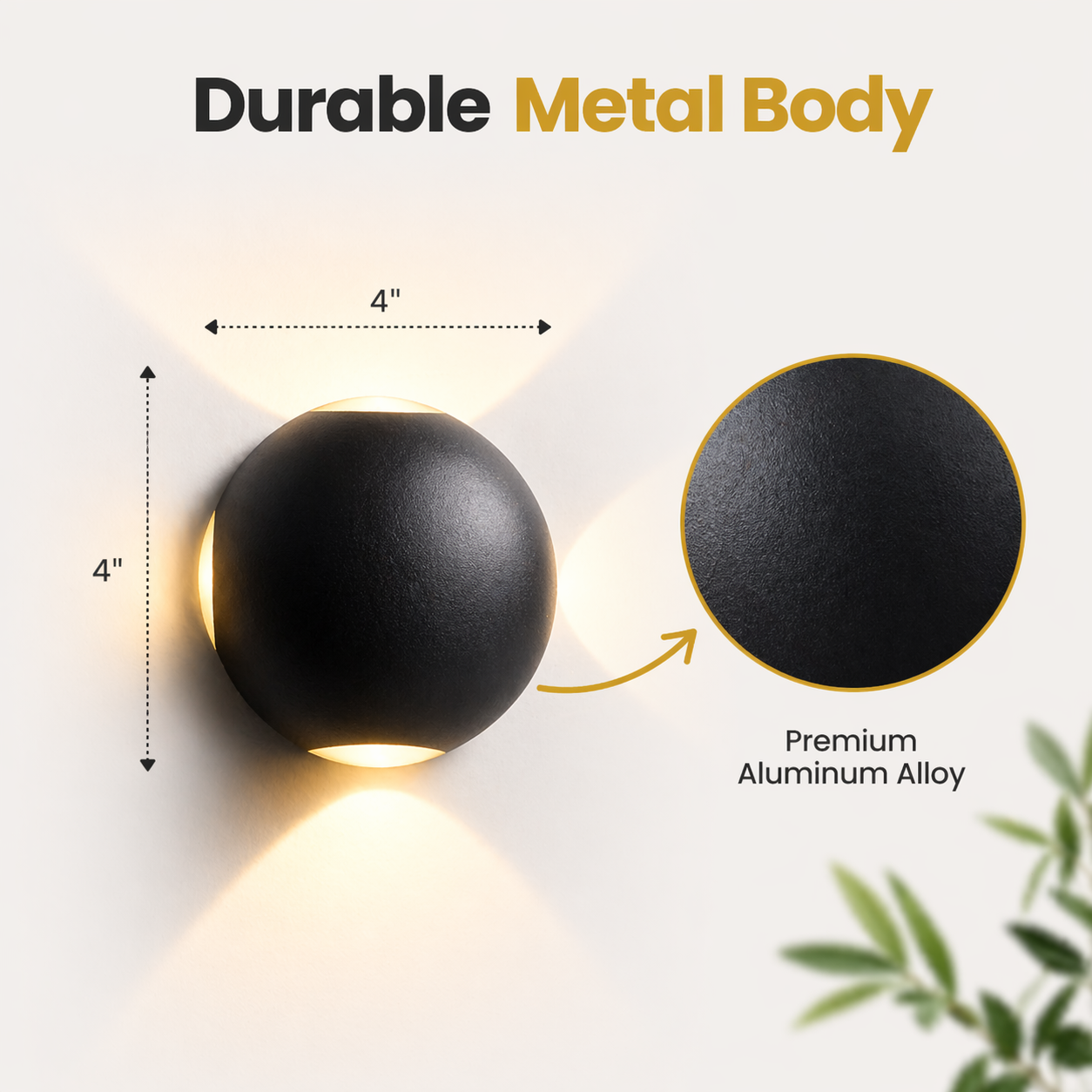 Black wall light fixture with measurements and text highlighting durable metal body.