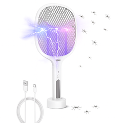 Electric mosquito zapper with high-voltage mesh grid.