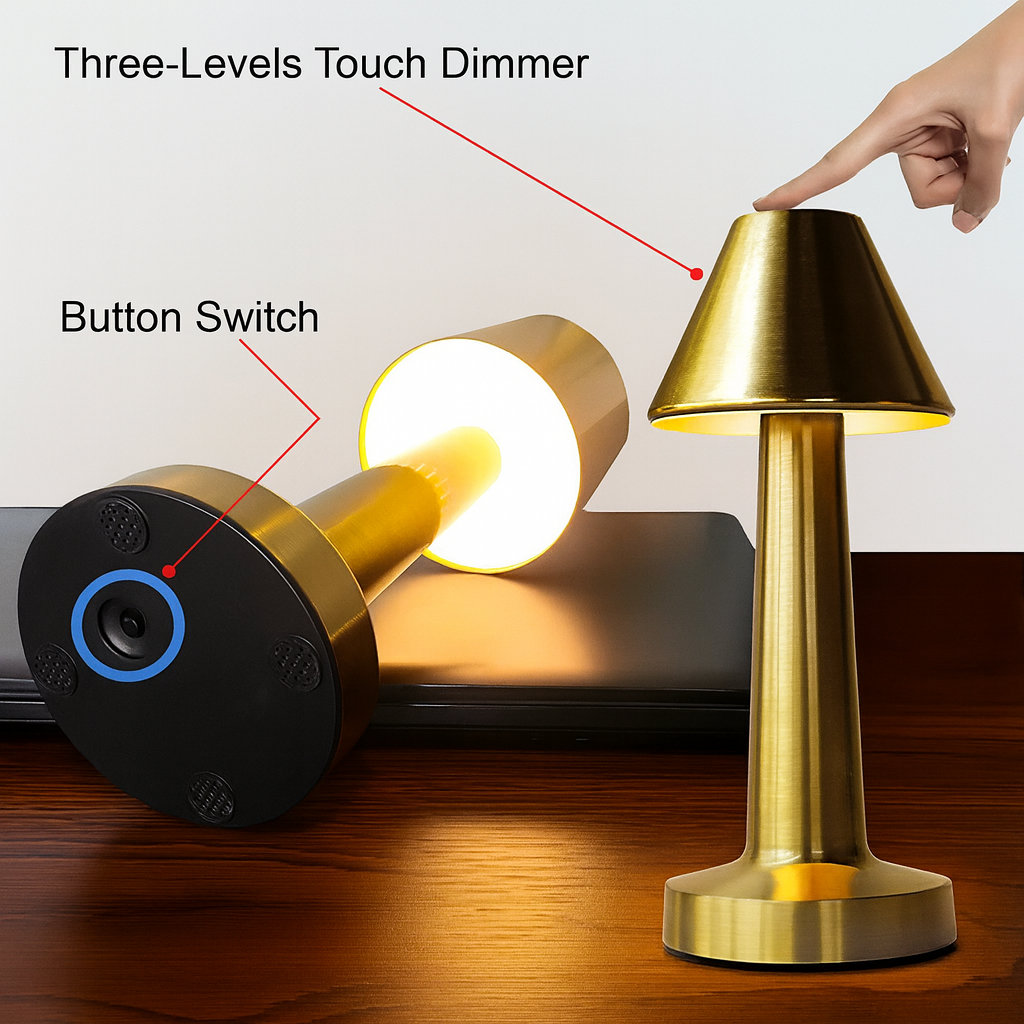 Gold LED touch table lamp with three-level dimmer and button switch on base

