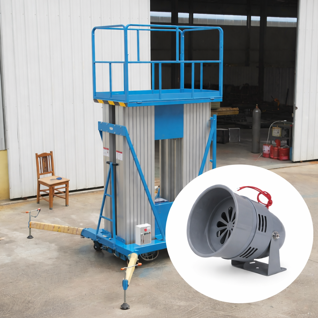 Blue mobile work platform with a close-up of a fan in a warehouse setting