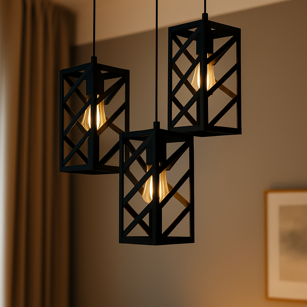 Three black geometric pendant lights hanging against a neutral wall.