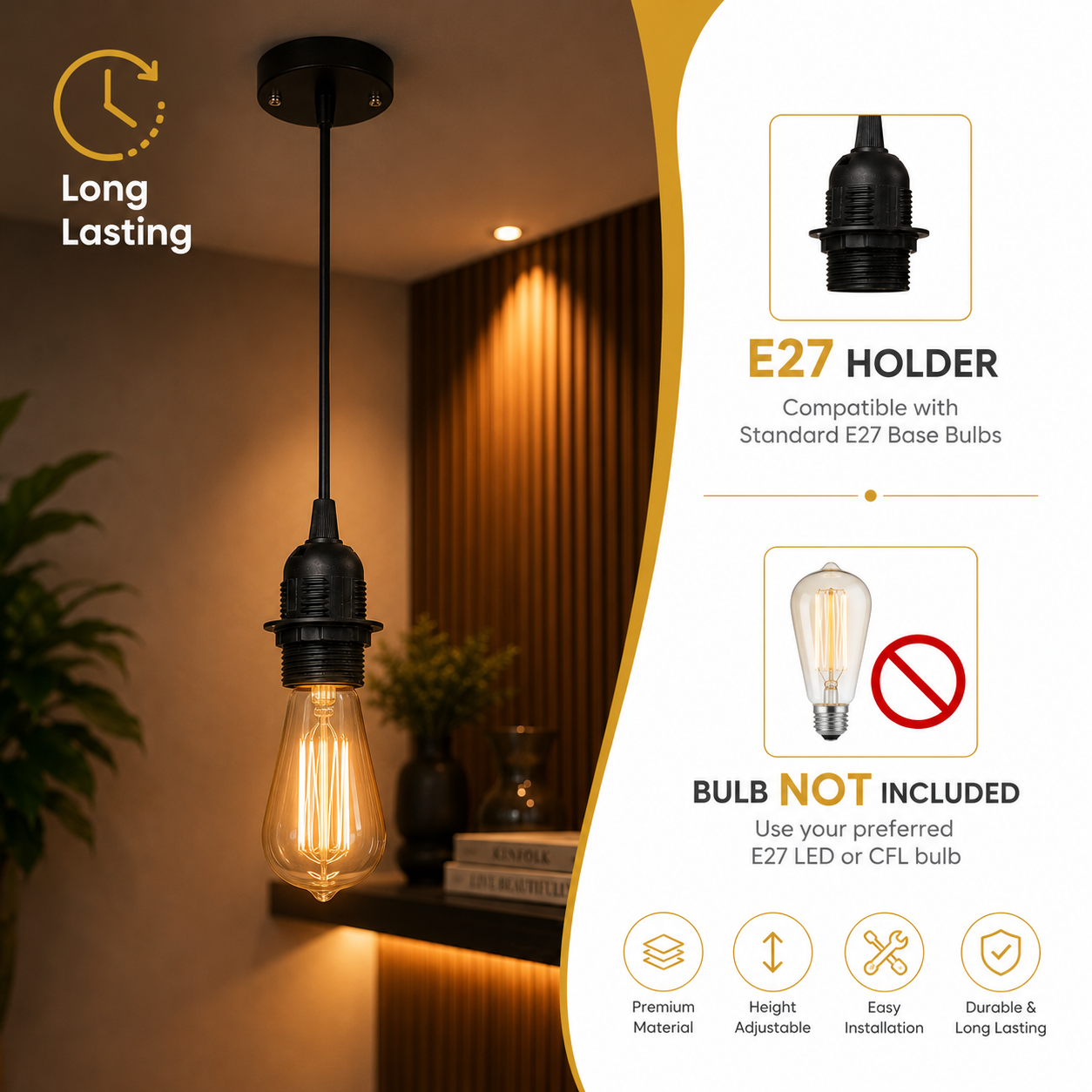 Modern E27 Pendant Light Holder with Metal Base & Adjustable Cord