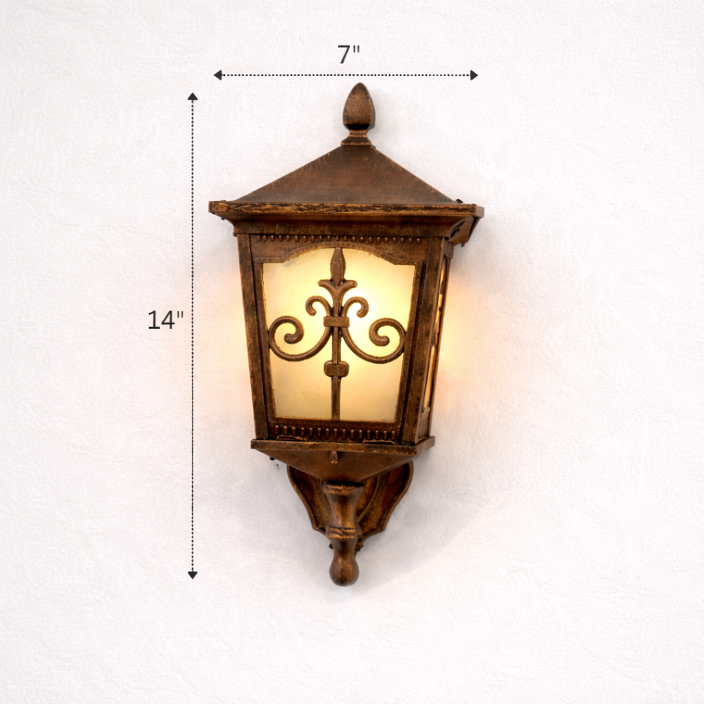 Decorative wall-mounted light fixture with dimensions indicated on a white background