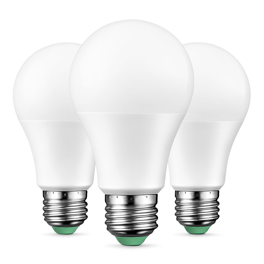Three LED light bulbs with silver bases on a white background